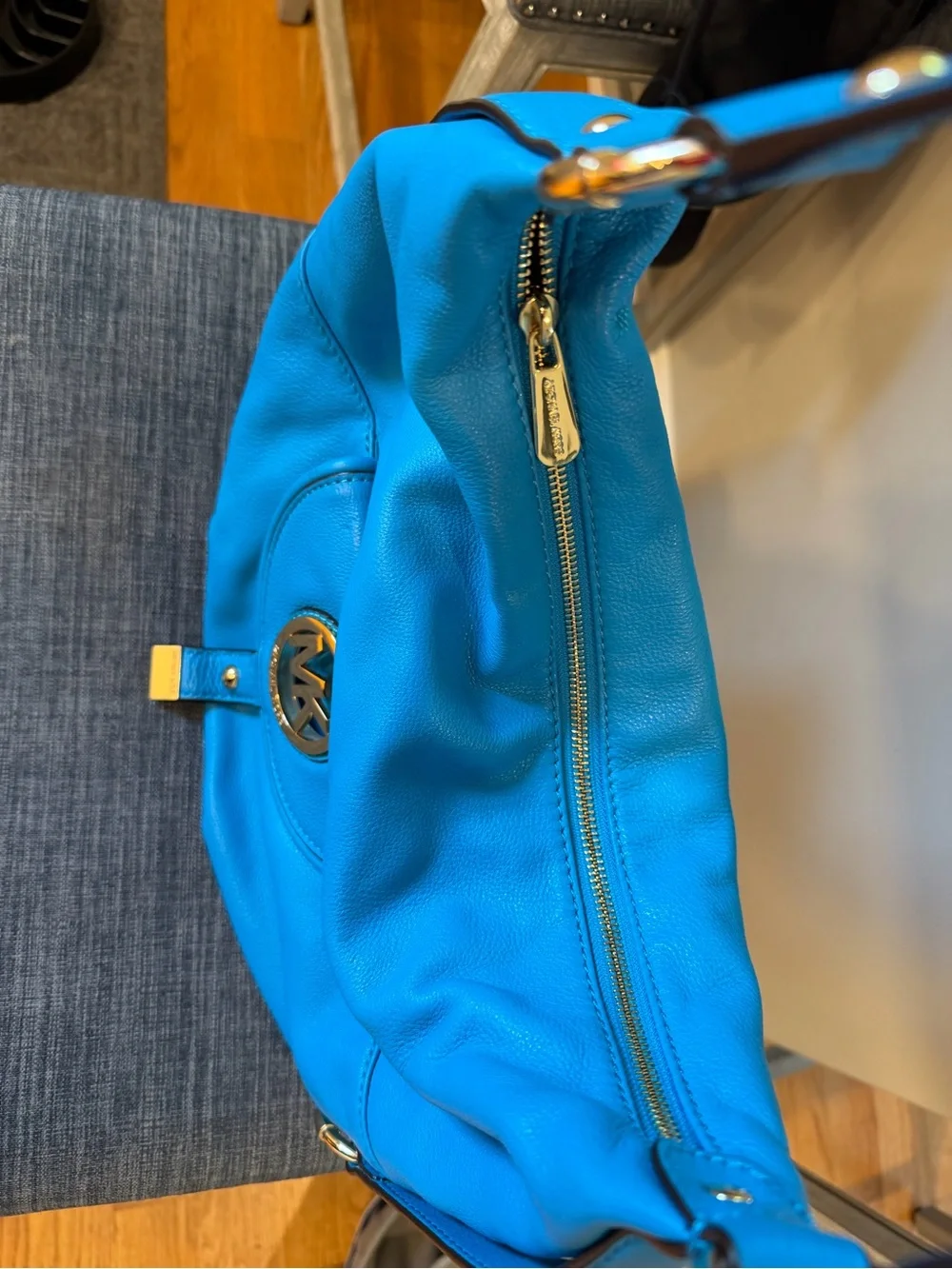 Michael Kors Aqua Blue Leather Hobo with Gold MK Accent